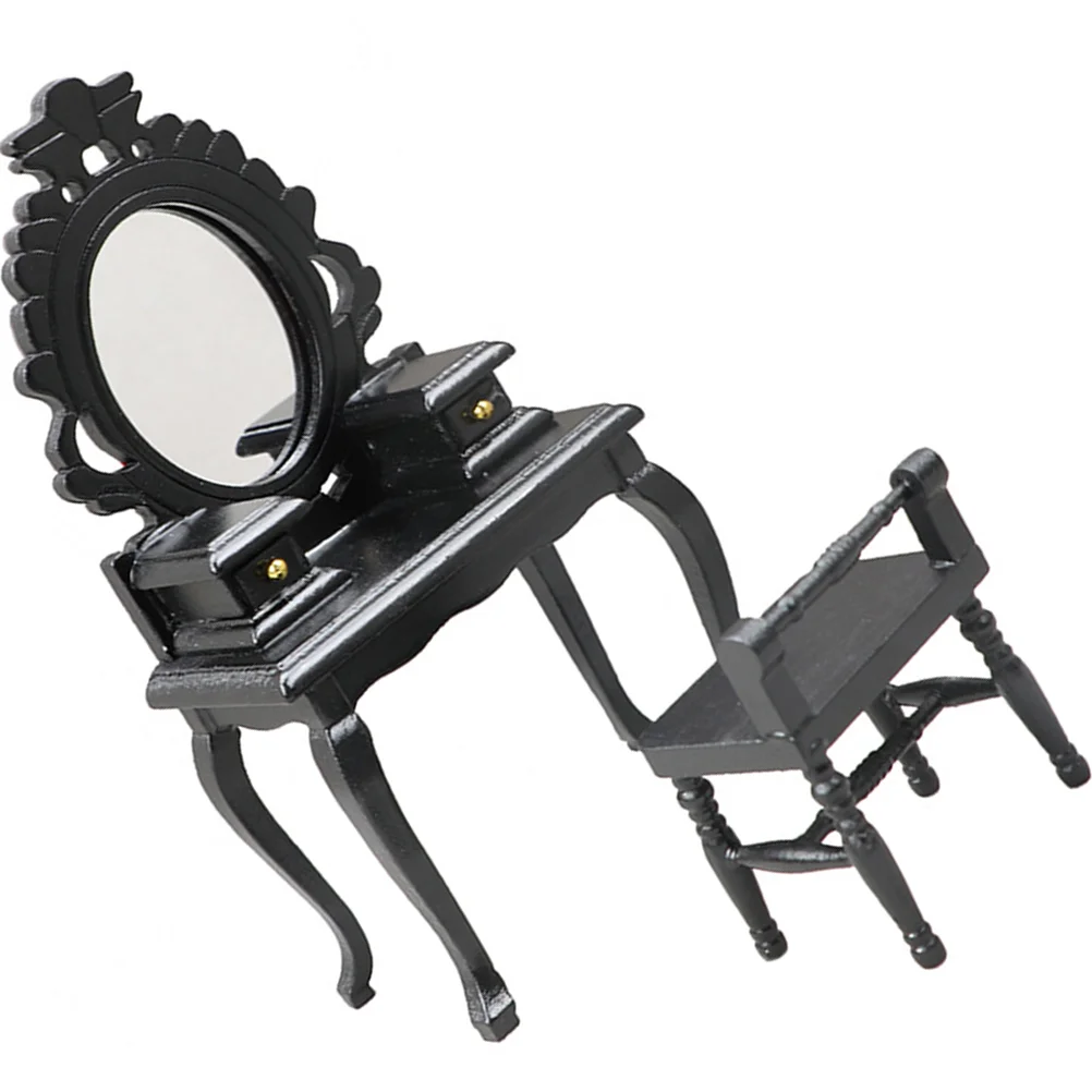 2 Pcs Vanity Table Vintage Dresser Stool Mini House Furniture Miniature and Accessories Baby Dressing Makeup Black Child