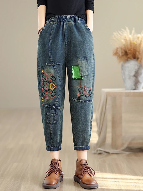

Women's Embroidered Patchwork Jeans Elastic Waist High Waist Cotton Autumn Long Pants Loose Fit Artistic Style Harajuku Style