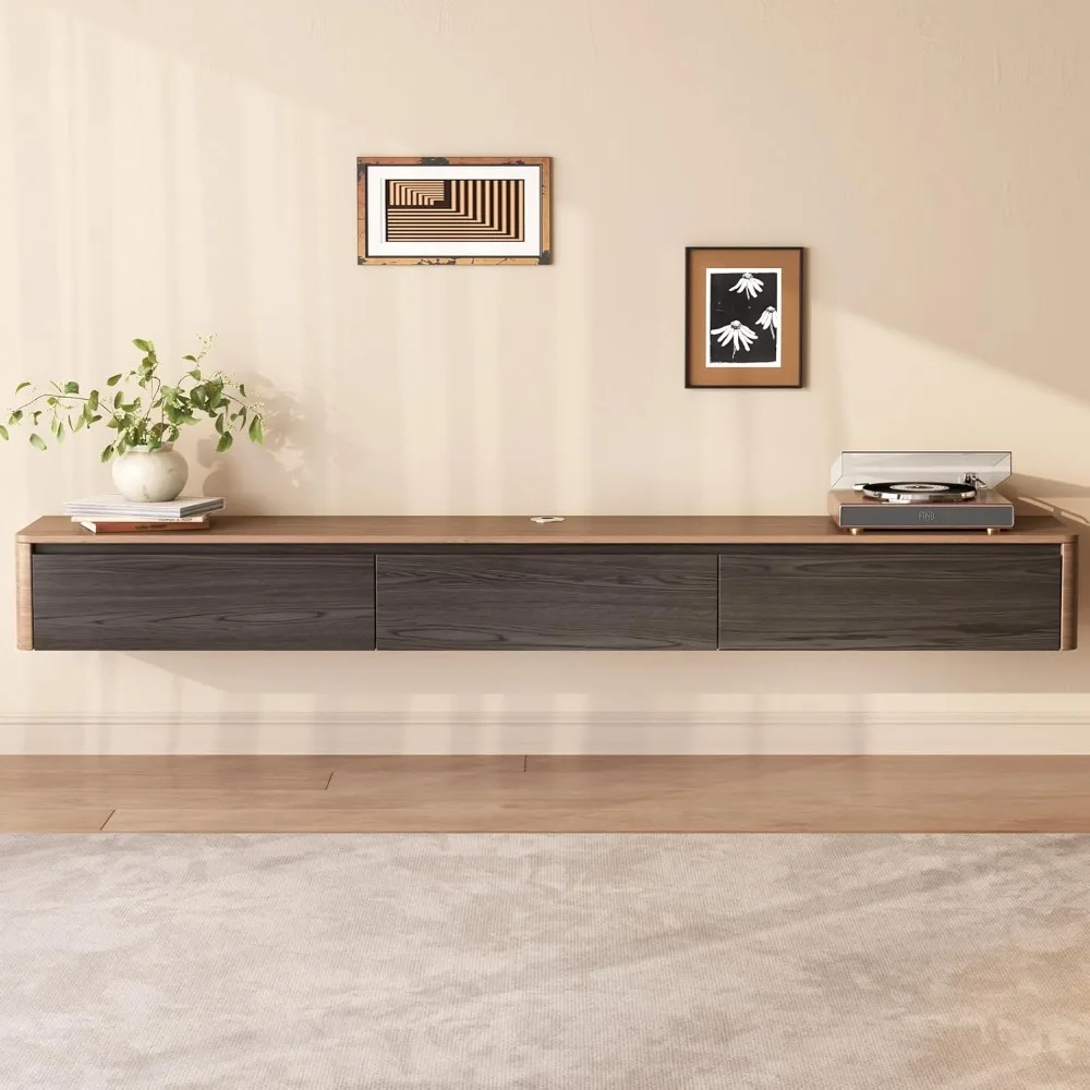 حامل تلفزيون عائم من خشب الجوز المعاصر مقاس 67 بوصة مع 3 أبواب قابلة للطي وتخزين وسائط من الخشب الصلب #6