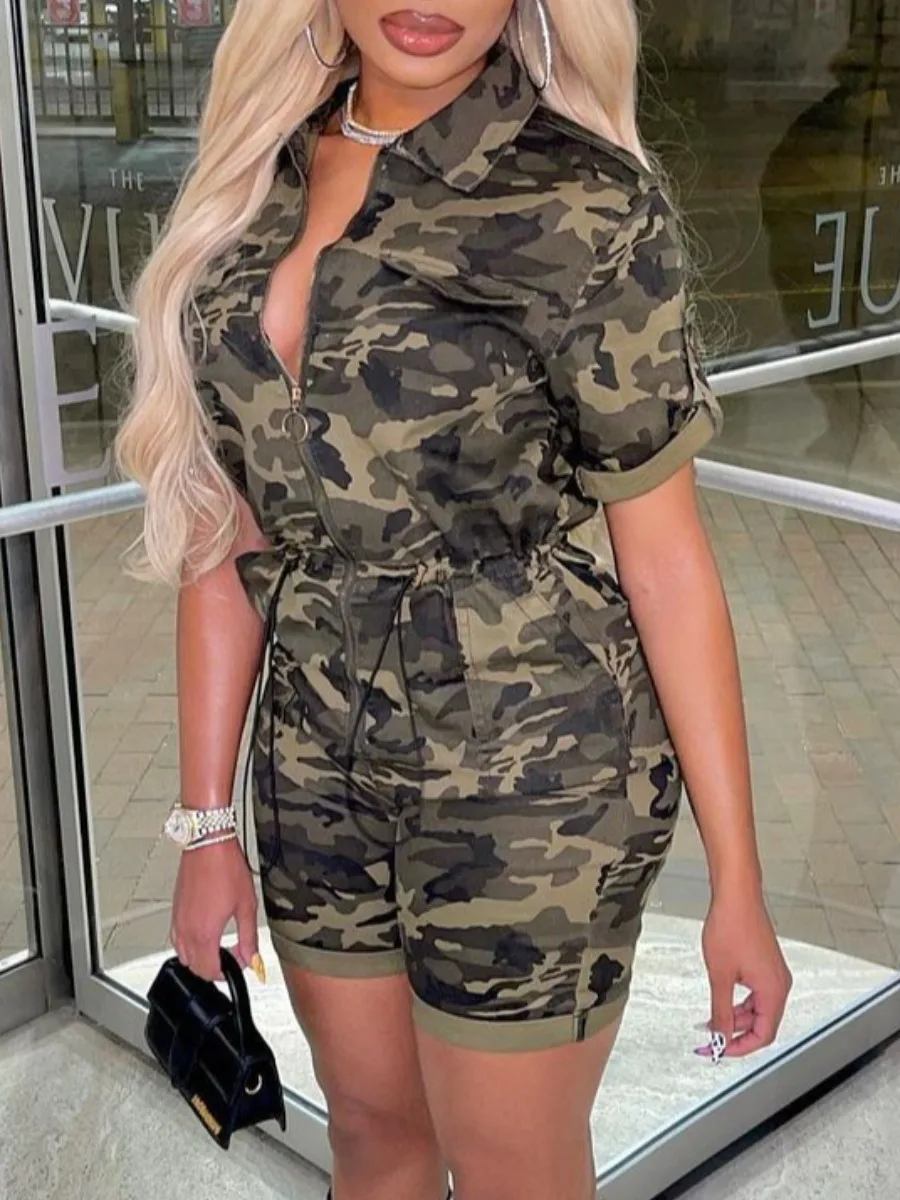 

LW Plus Size jumpsuit Camo Print Drawstring Romper summer short sleeve Romper casual women's clothing large size Fashion jumpsui