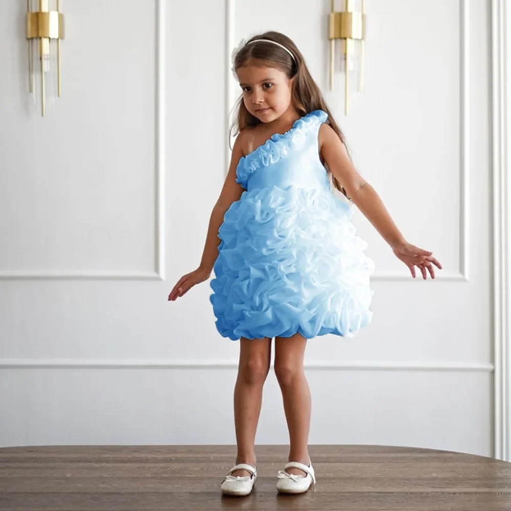 Pleat One Shoulder Sleeveless A Line Short Formal Wedding Party Flower Girl Dress Mini Length Elegant First Communion Gown New