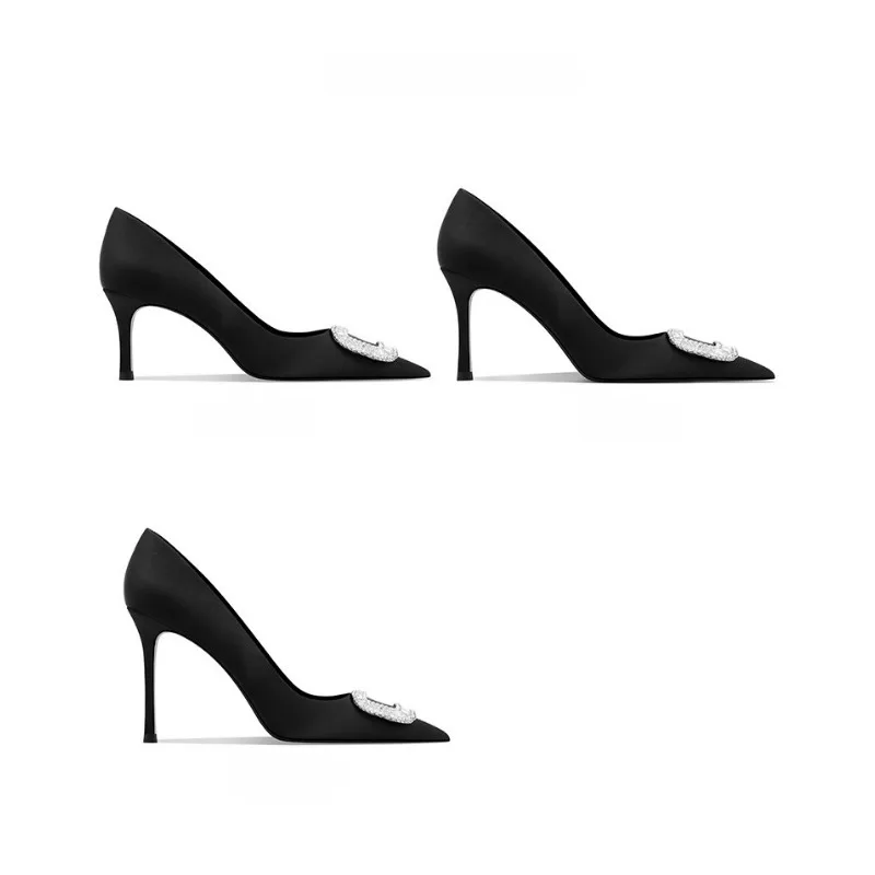 2025 جديد حذاء نسائي بكعب عالٍ أسود من الساتان خنجر حجر الراين مشبك أحذية الحفلات الأنيقة #4