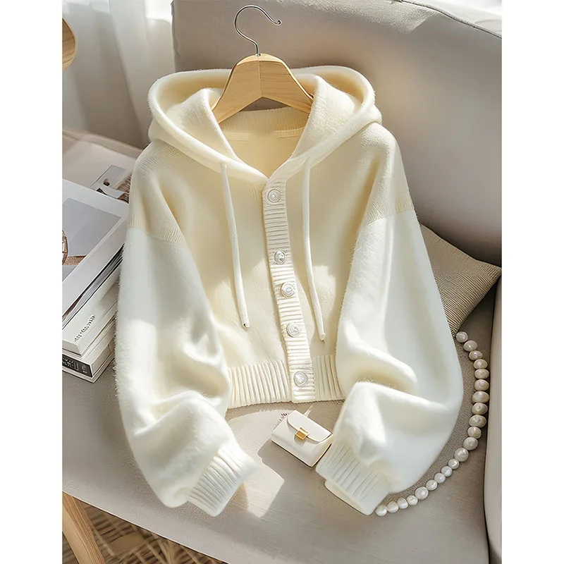 

White Loose Hooded Sweater Cardigan Women's Autumn Winter New Loose Casual All-Match Knitted Sweater Outwear Top Ladies