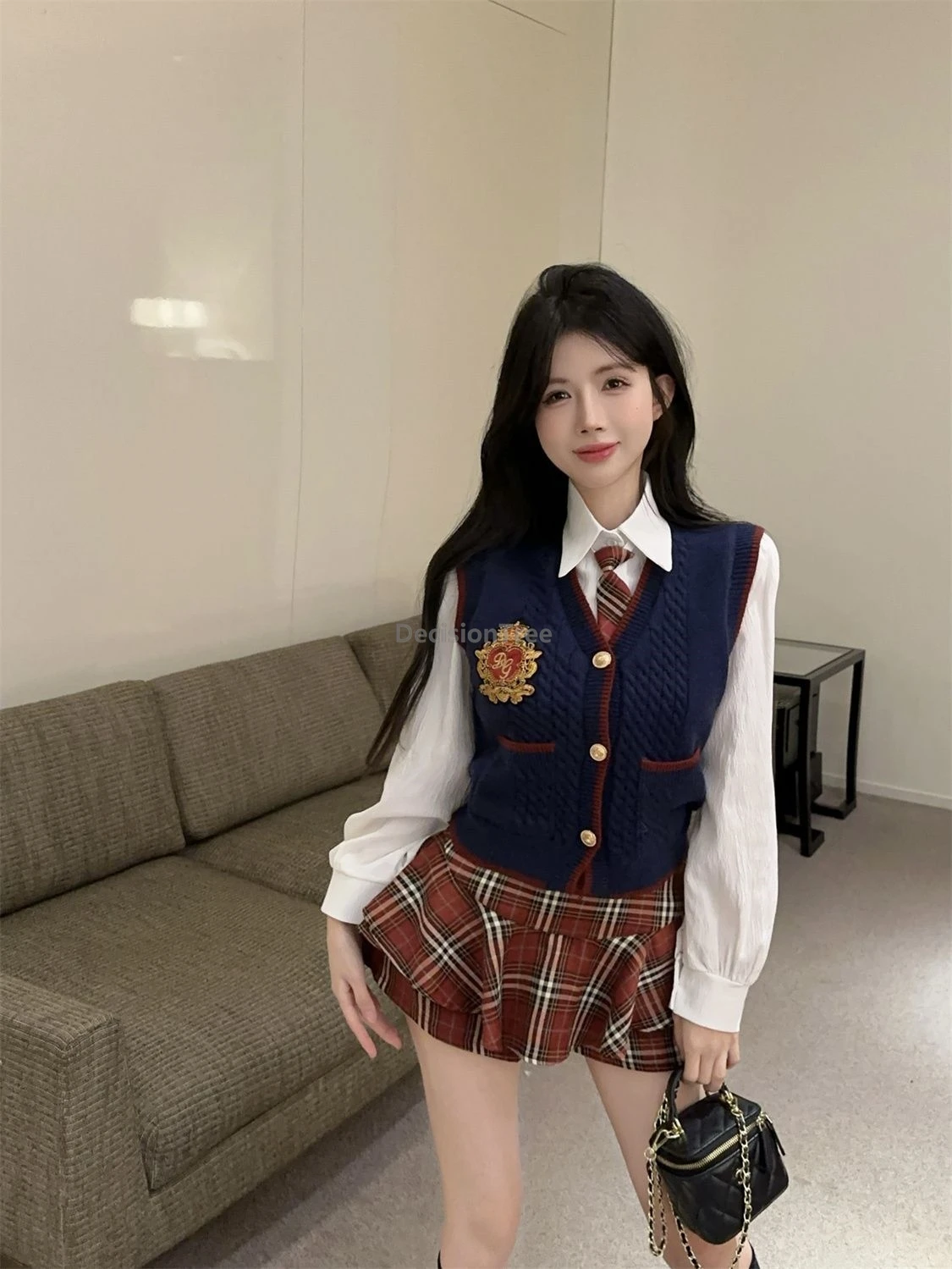طقم مكون من ثلاث قطع على الطراز الكوري لعام 2025، حرم الجامعي اليومي يرتدي زي مدرسي خريفي أنيق للفتيات الجميلات #4