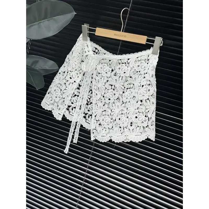 Lace Skirt Women's Clothing 2025 Faldas Mujer De Moda Bandage Slim Fit Saia Fashion Korean Summer Jupe Hollow Out Mini Skirts