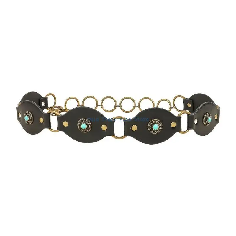 

X7XB Punk PU Leather Belt for Jeans Skirt Vintage Oval Disc Corset Belt Western Pants Belt with Turquoises Clothing Decors