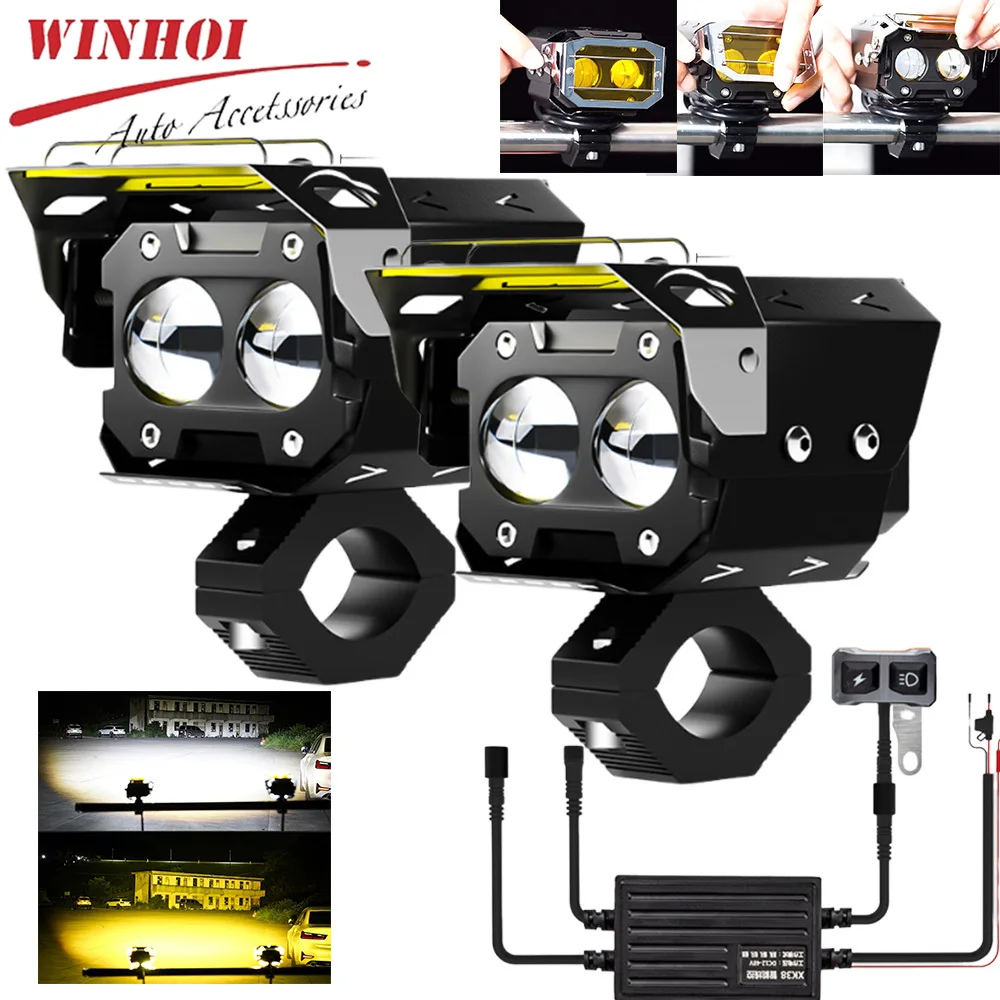 Double Color Led Motorcycle Headlights with Wiring Harness High Low Beam Auxiliary Motorcycle Headlight Motor Fog Lights 12-80V