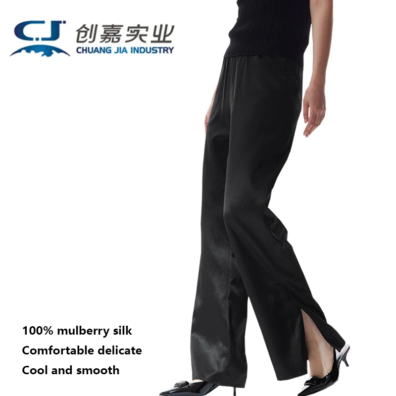 Luxury Silk Women's Pants Simple Elegant Loose-Sized Straight Pants with Elastic Waist for Fashionable Casual Wear Shiny Bright