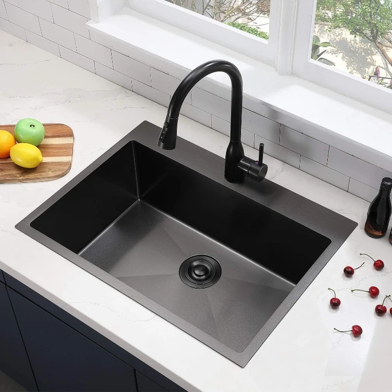 33 Inch Black Kitchen Sink Drop In, 33x22 Large Black Farmhouse Sink, Single Bowl Basin 16 Gauge