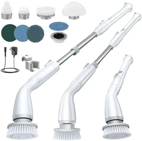 LABIGO Electric Spin Scrubber – Cordless, 7 Brush Heads, Adjustable Handle, IPX7 Waterproof