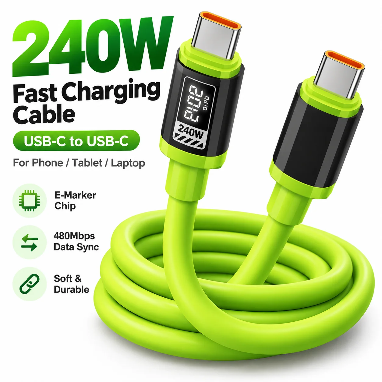 240W USB C to USB C Fast Charging Cable E-Marker 480Mbps Data Sync Soft Durable Cord for Laptop Phone Tablet