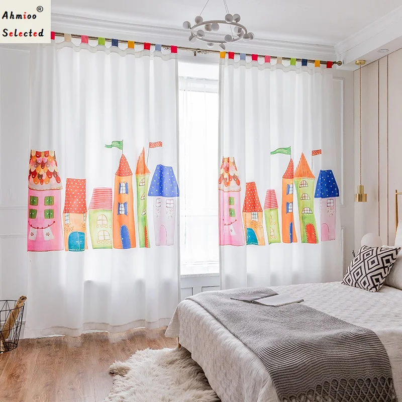 

Cartoon Children's Fun Castle Printed Blackout Curtains for Boys and Girls' Bedroom Kids Creative Colorful Hanging Strap Curtain