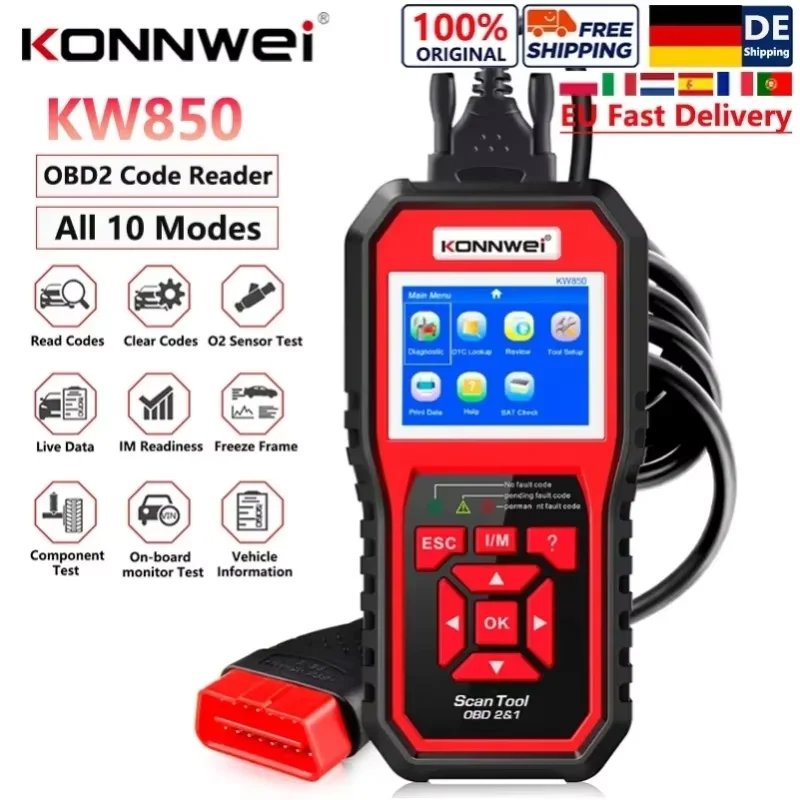 2026 KONNWEI KW850 OBD2 Scanner Vollsystem Professionelles Auto-Diagnosegerät Motorsystem Fehlercode-Auslese und -Löschung Batteriespannungstest für Fahrzeuge ab 1996 OBD II Kostenloser Versand