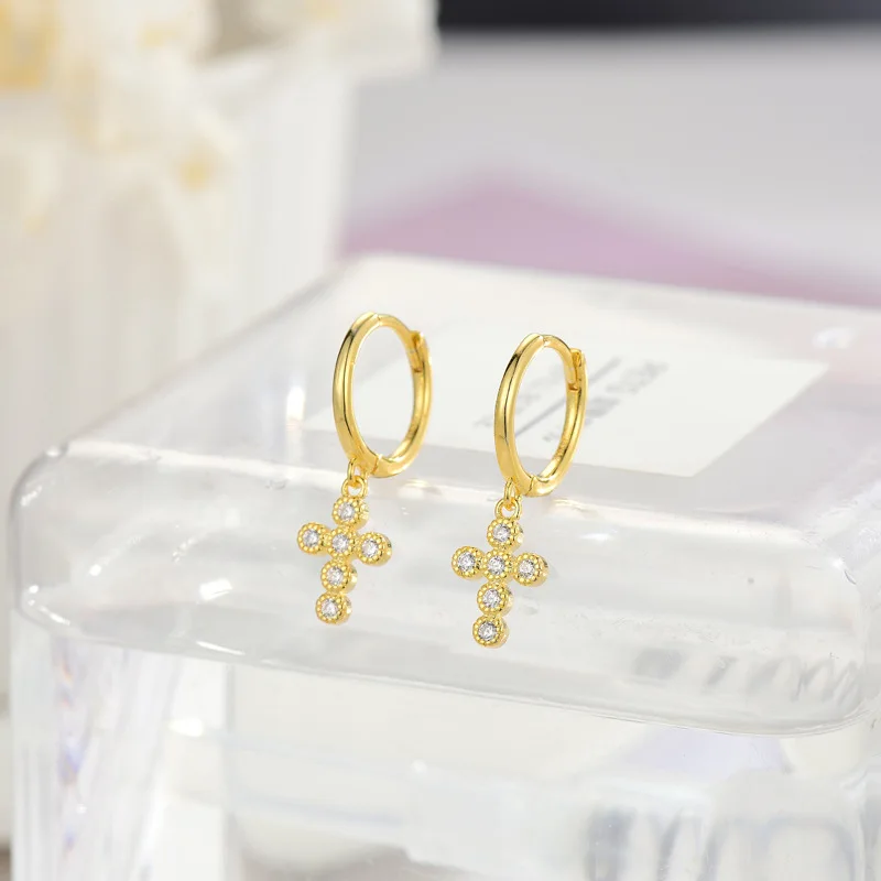 New Crystal Cross Product Selling s925 Pure Silver Earrings Ear Clip Golden Button Set Auger Tremella Ring Women Jewelry Ins