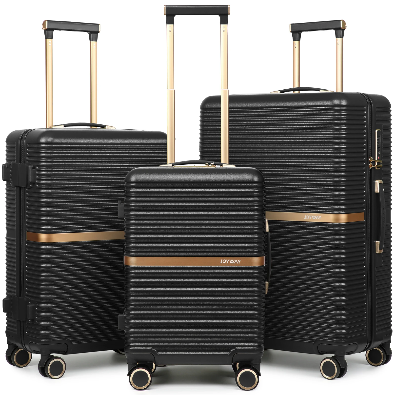 3-Piece Black Luggage Set, Sturdy Durable Travel Suitcase with Cup Holder, TSA Lock and Spinner Wheels
