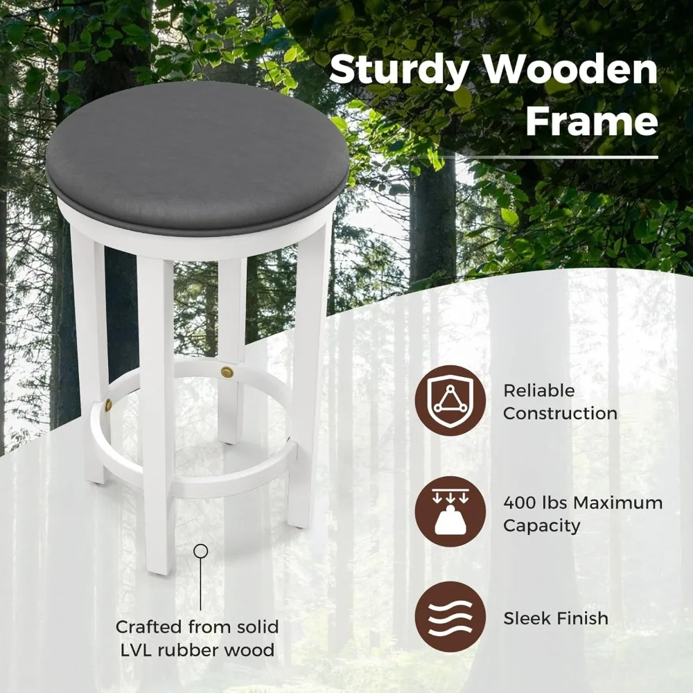 Barkrukken set van 4, 25 inch tegenhoogte krukken met ronde zitting, voetsteun, houten frame, modern kunstleer, gestoffeerd