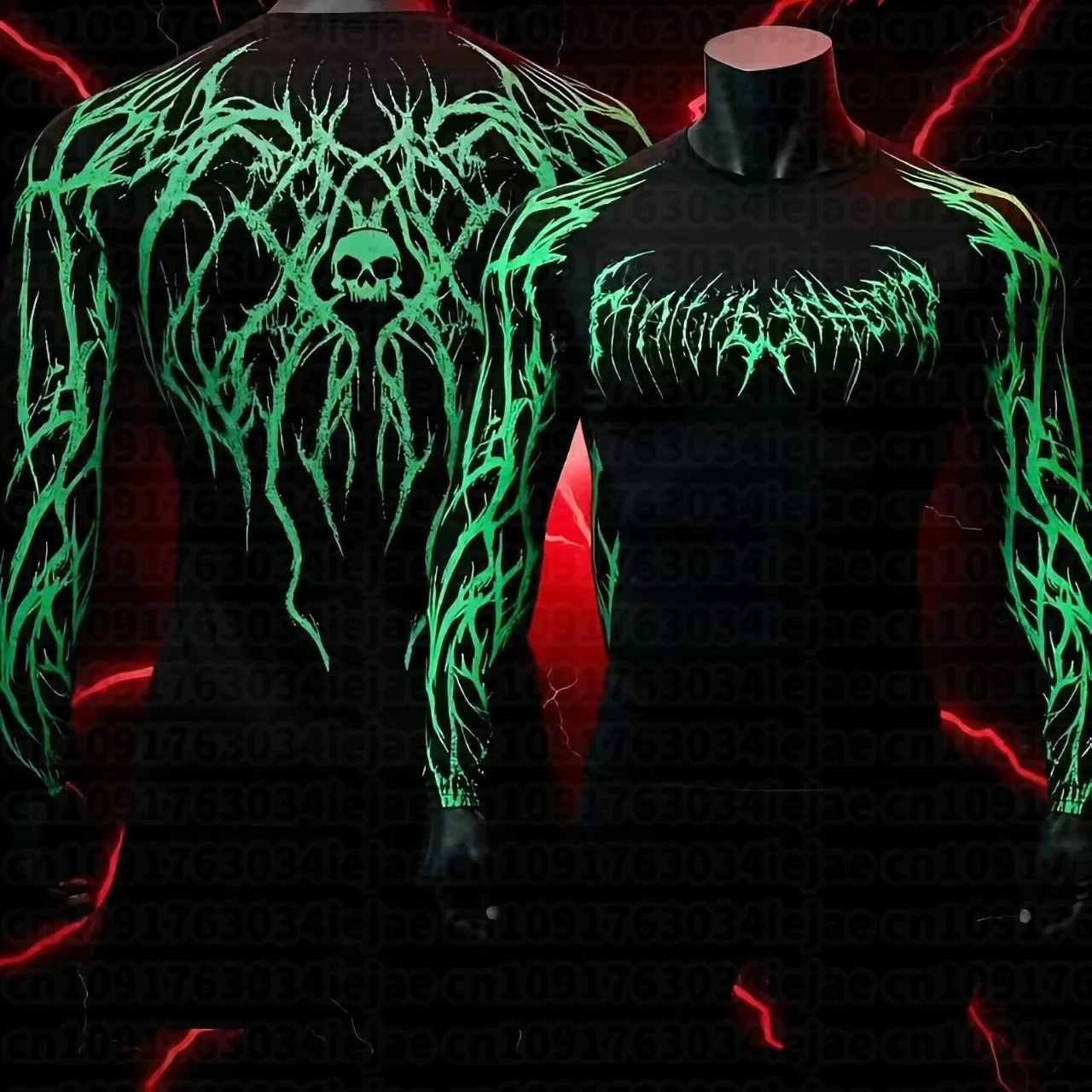 Men's black metal Gothic skull long sleeved thorny print BJJ MMA fitness exercise quick drying top