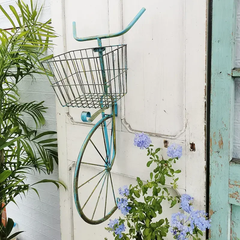 Wrought Iron Bicycle Flower Basket Wall Decoration Courtyard Garden Wall Hanging Flower Rack Outdoor Wall Pendant Items