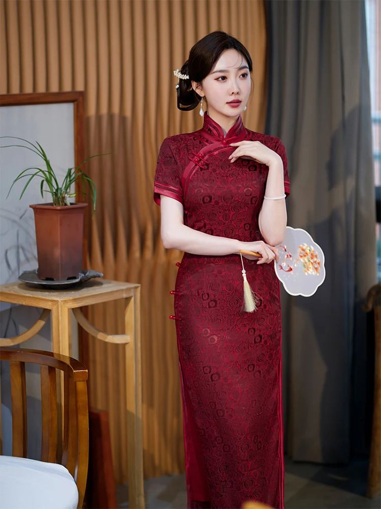 

Yourqipao Summer Long Silk Cheongsam Long Catwalk Banquet Traditional Chinese Clothing Evening Wedding Dress Qipao for Women