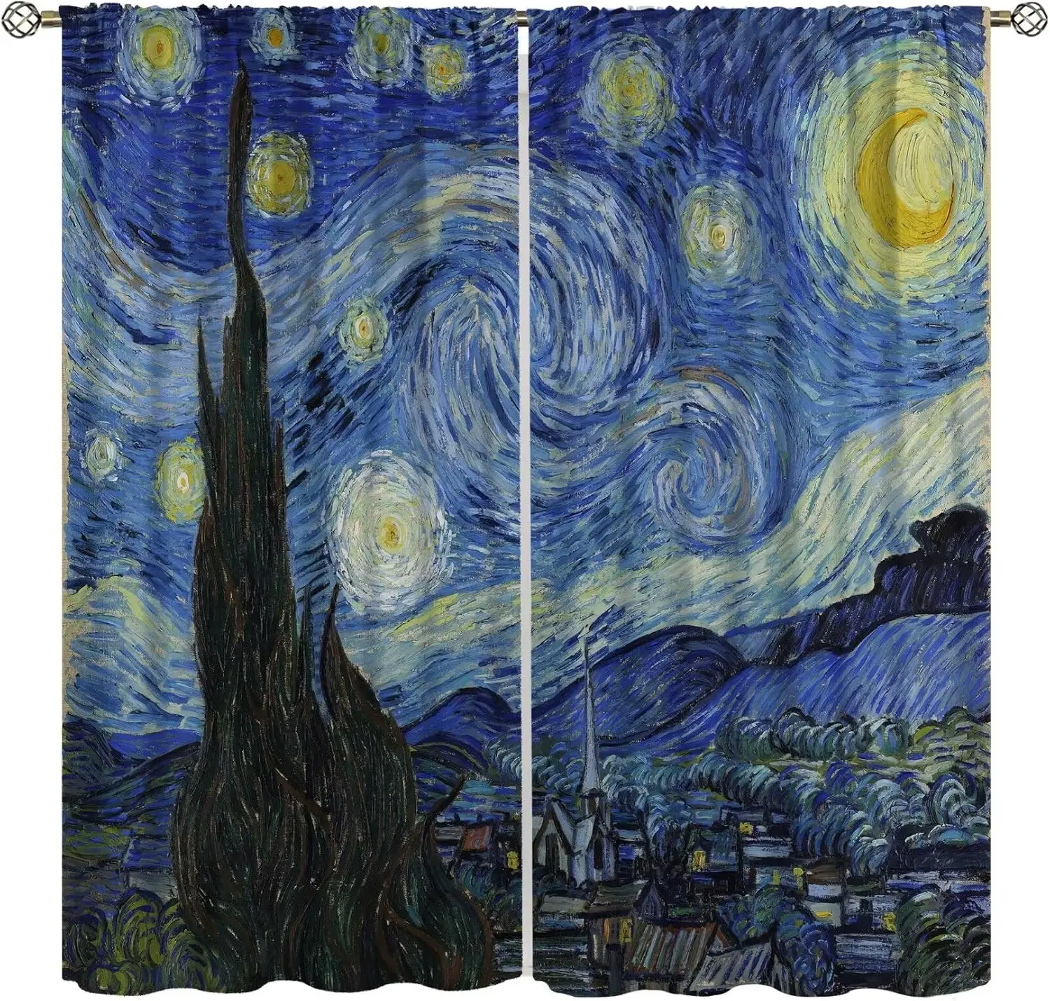 Starry Night Blackout Curtains for Bedroom, Oil Painting Blue Abstract Stars Art Decor Print Window Treatments, Rod Pocket