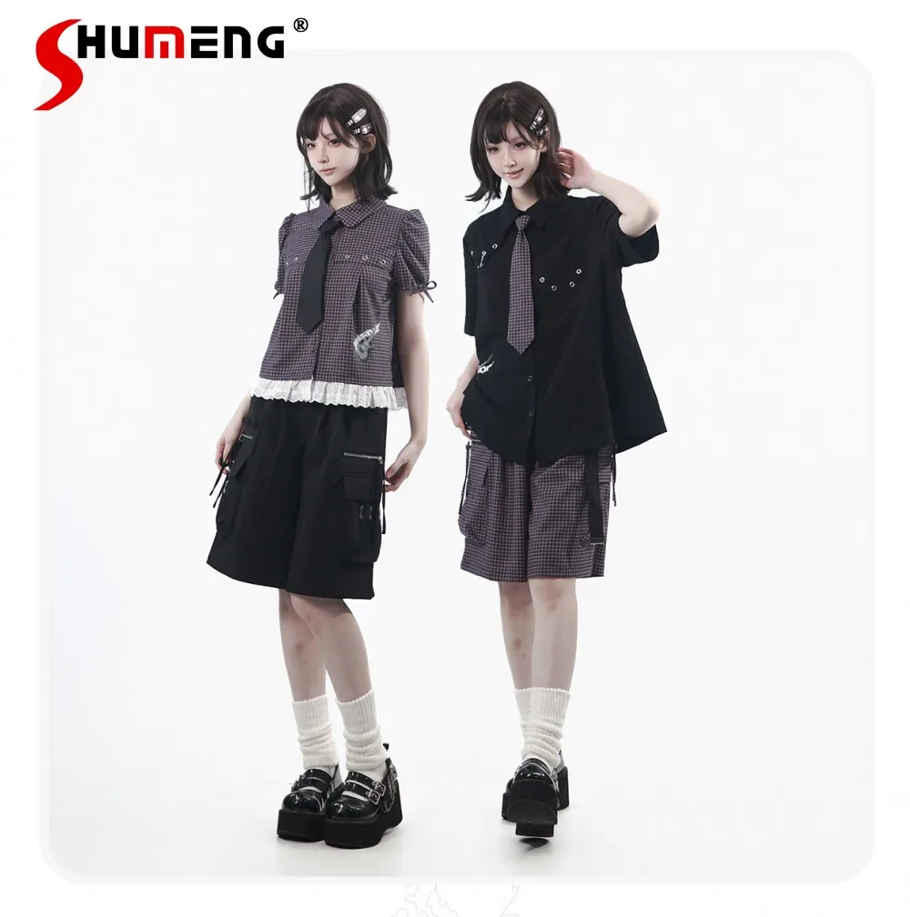 

Original Preppy Style Student Matching Sets Y2k Clothes Summer New Sweet Cool Girls Plaid Short Sleeve Shirt Shorts Set for
