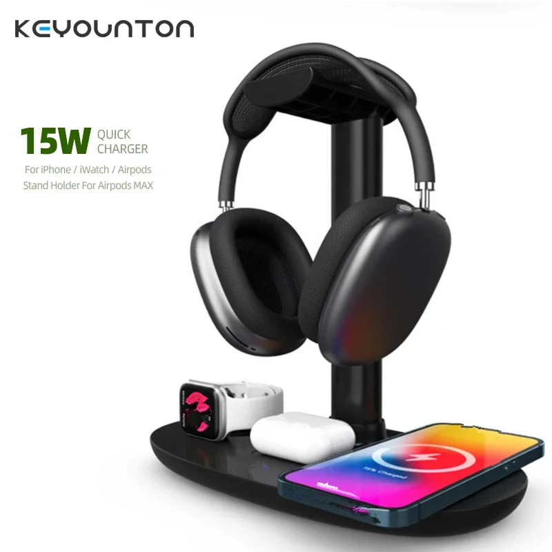 4-in-1 headset stand, detachable earphone holder, wireless charger, Bluetooth headset for mobile phone and smartwatch
