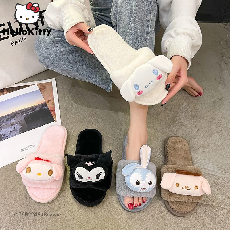 Sanrio Kuromi My Melody Pom Pom Purin Cinnamoroll Cute Slippers Korean Version Fur Slippers Home Comfortable Cotton Shoes Women