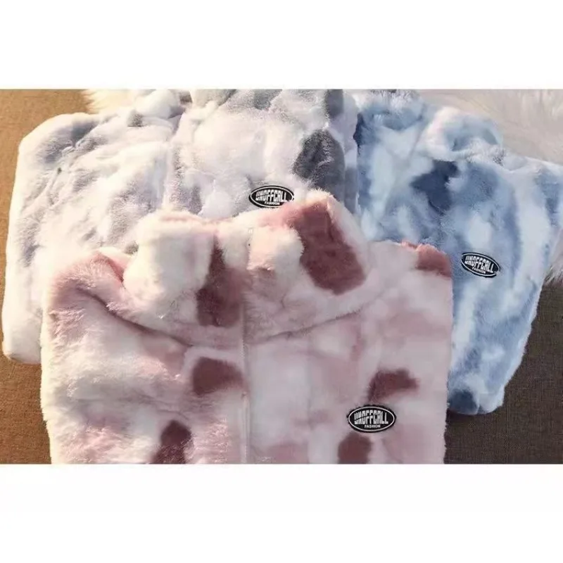 سترة صوف خروف صبغ التعادل على الموضة الأوروبية والأمريكية للنساء بمقاسات كبيرة من صوف الضأن السميك للشتاء، قمة عصرية وفضفاضة