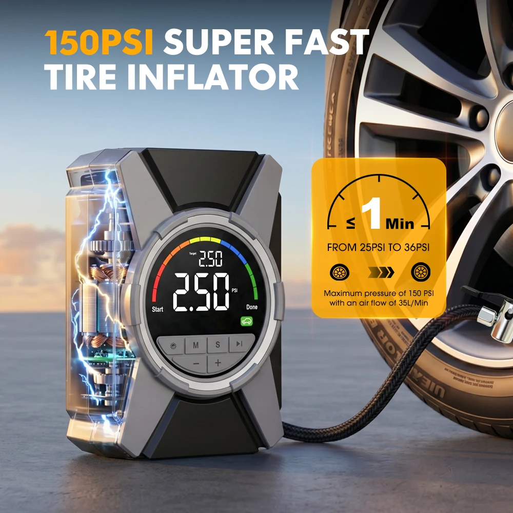 Portable Car Air Compressor 12V Tire Inflator Pump 150PSI Digital Fast Inflation LED Light CE for SUV Truck Moto Bicycle Balls