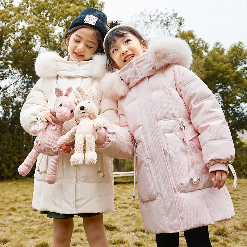 

Children's Down Jacket Winter Girls Mid-Length Parka Thicken Cotton-Padded Jacket Warm Hooded Coat Cute Girls Clothing Outerwear