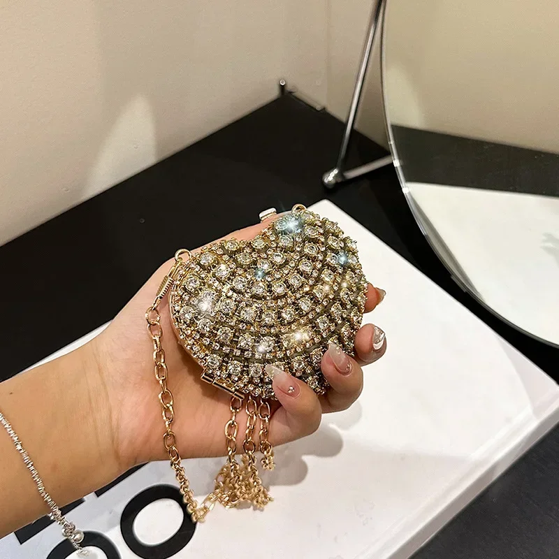 Luxury Mini Diamond Inlay Heart Shape Crystal Clutch Purse Stones Evening Wedding Party Shoulder Bag Handle Rhinestone Handbags