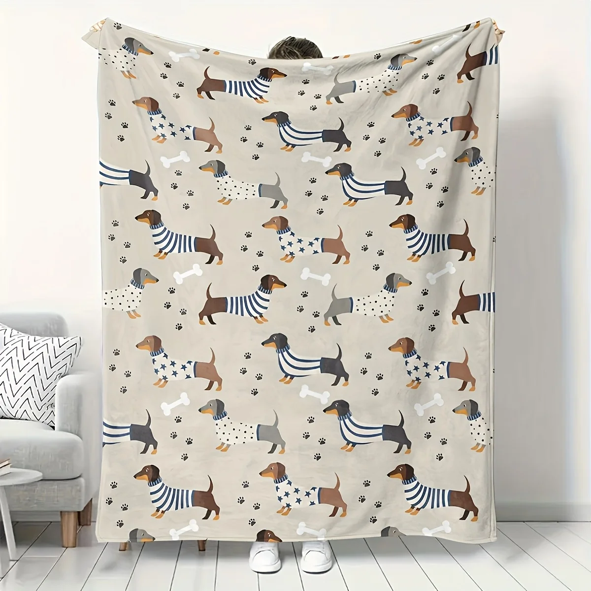 PetStyle Dackel-Flanelldecke, bunt gestreift, Stern-Hundemuster, Pfotenknochen-Elemente, weich, gemütlich, Überwurf, Sofa, Couch, Dekor