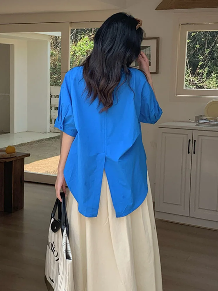 เสื้อผู้หญิง Blusas Mujer De Moda 2025 เกาหลี Chic แฟชั่นเปิดลงปกสํานักงาน OL เสื้อแขนสั้นเสื้อหลวมๆสบายๆ