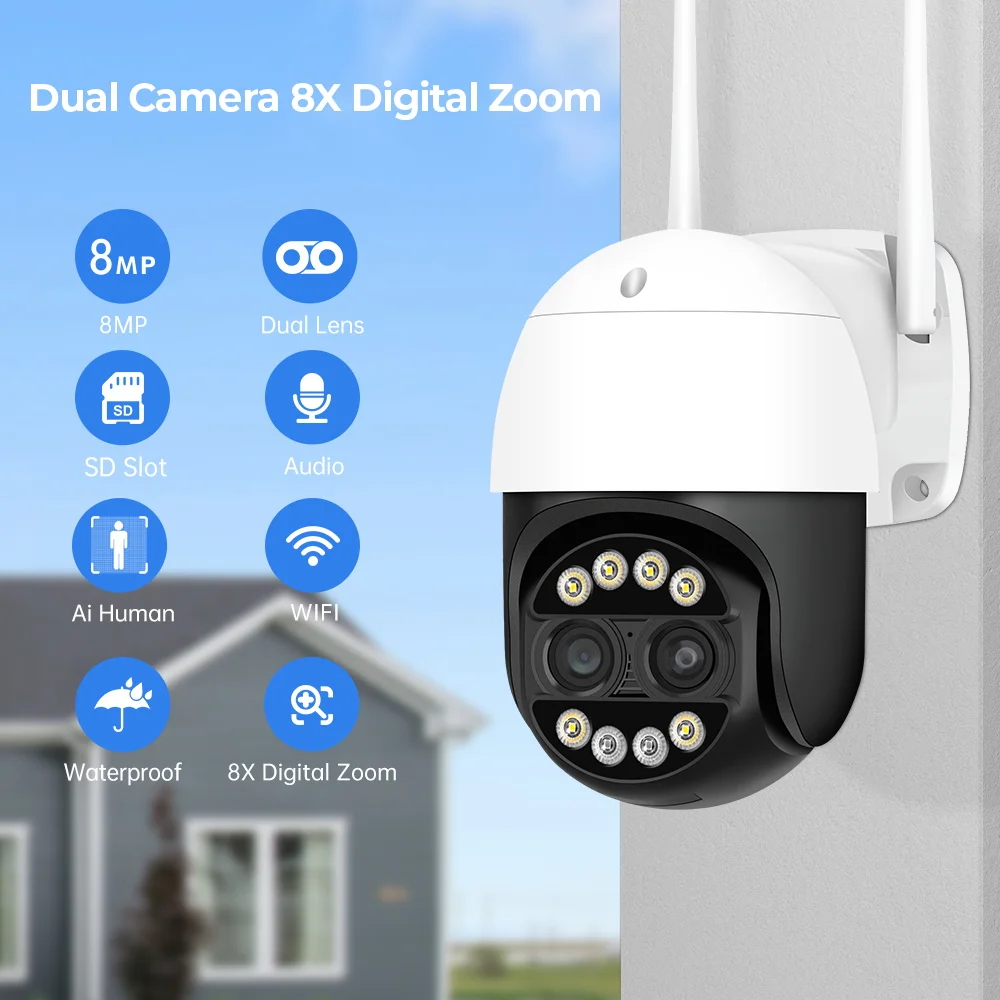 Outdoor Wifi PTZ Camera 4K 8MP HD Dual-Lens Dual Screen Camera AI Auto Tracking 4MP Video Surveillance Police Light Alarm iCSee