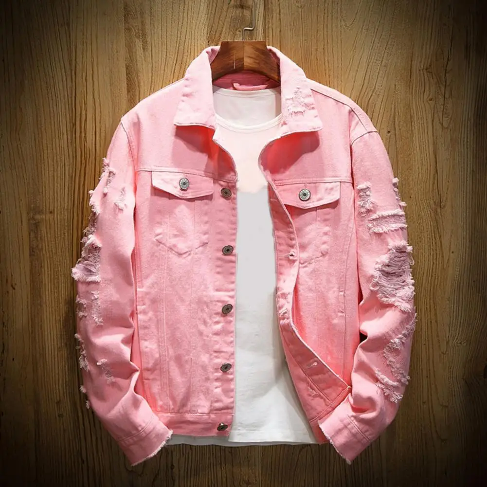 S-3XL Fashion Denim Jacket Men Ripped Holes Mens Pink black Jean Jackets Garment Washed Mens Denim Coat