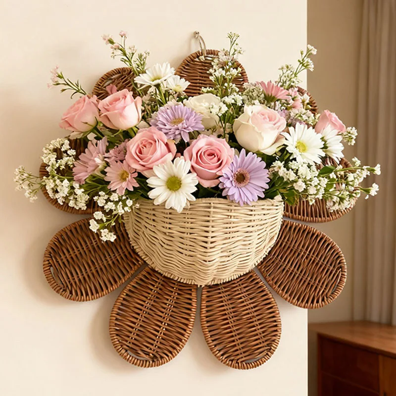 Bohemian Flower Shaped Rattan Wall Vase Hanging Basket Handwoven Wicker Wall Decor for Home Dried Flowers Boho Style Interiors
