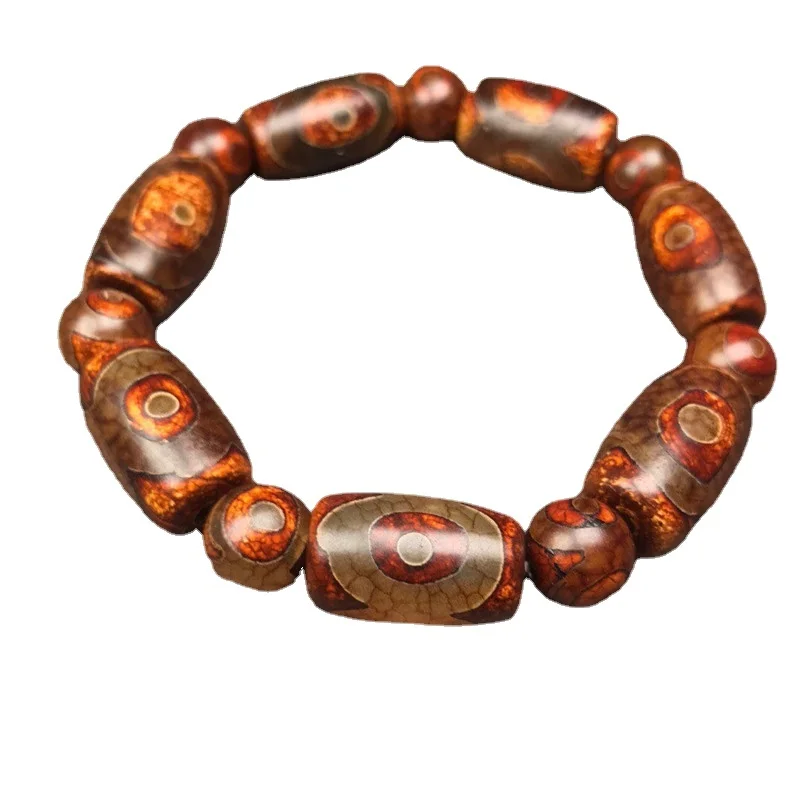 Natural Tibetan Agate Three Eye Bucket Bead Bracelet, Men's and Women's, Ethnic Style, Versatile Bracelet Jewelry