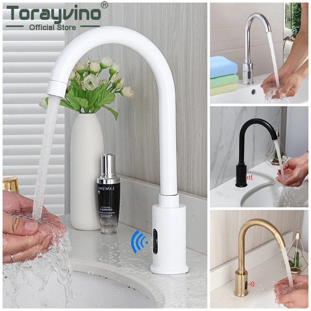 

Torayvino Modern Bathroom Sensor Faucet Automatic Hands Free Sensor Mixer Water Tap Deck Mounted Basin Sink Bathtub Faucets