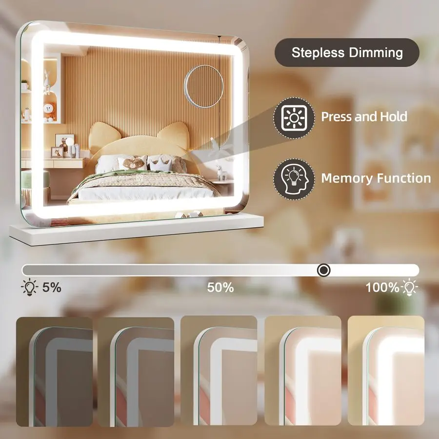 مرآة مكياج مقاس 19 × 14 مع أضواء وتكبير 10 مرات، وإضاءة LED قابلة للتعتيم بثلاثة ألوان وتحكم باللمس، ومنفذ شحن USB لـ T #5