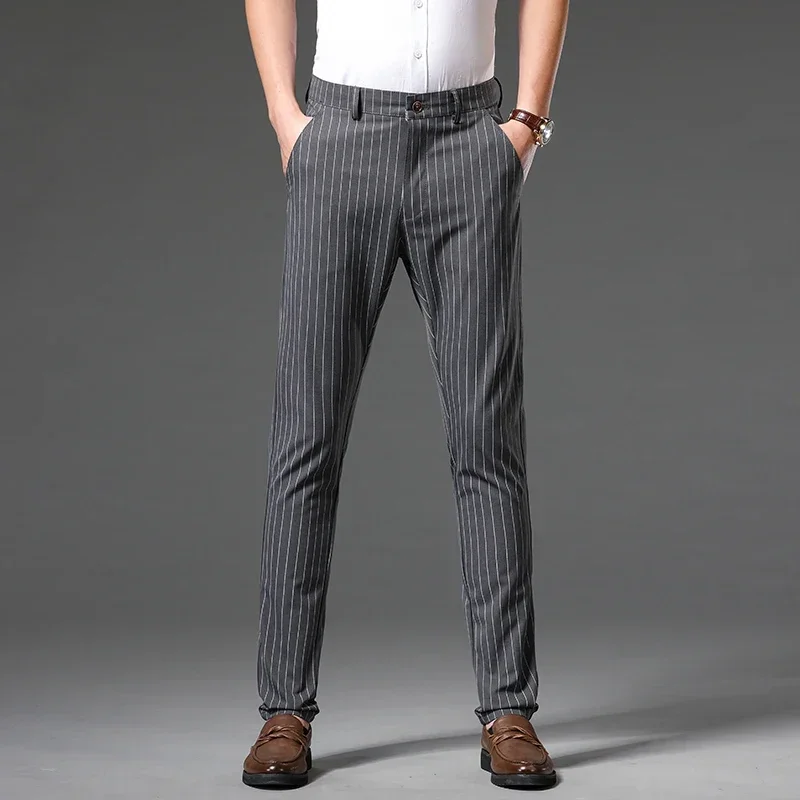 Autumn Fashion New High Quality Men\'s Suit Pants Straight Long Classic Business Brand England Stripe Smart Casual Trousers Male