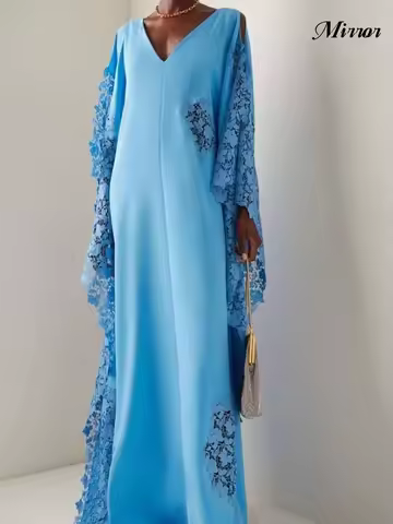 Mirror Dress Elegant Vintage Sweet Blue Lace Applique Stylish V-Neck Customize Formal Occasion Prom Dress Evening Party Gowns