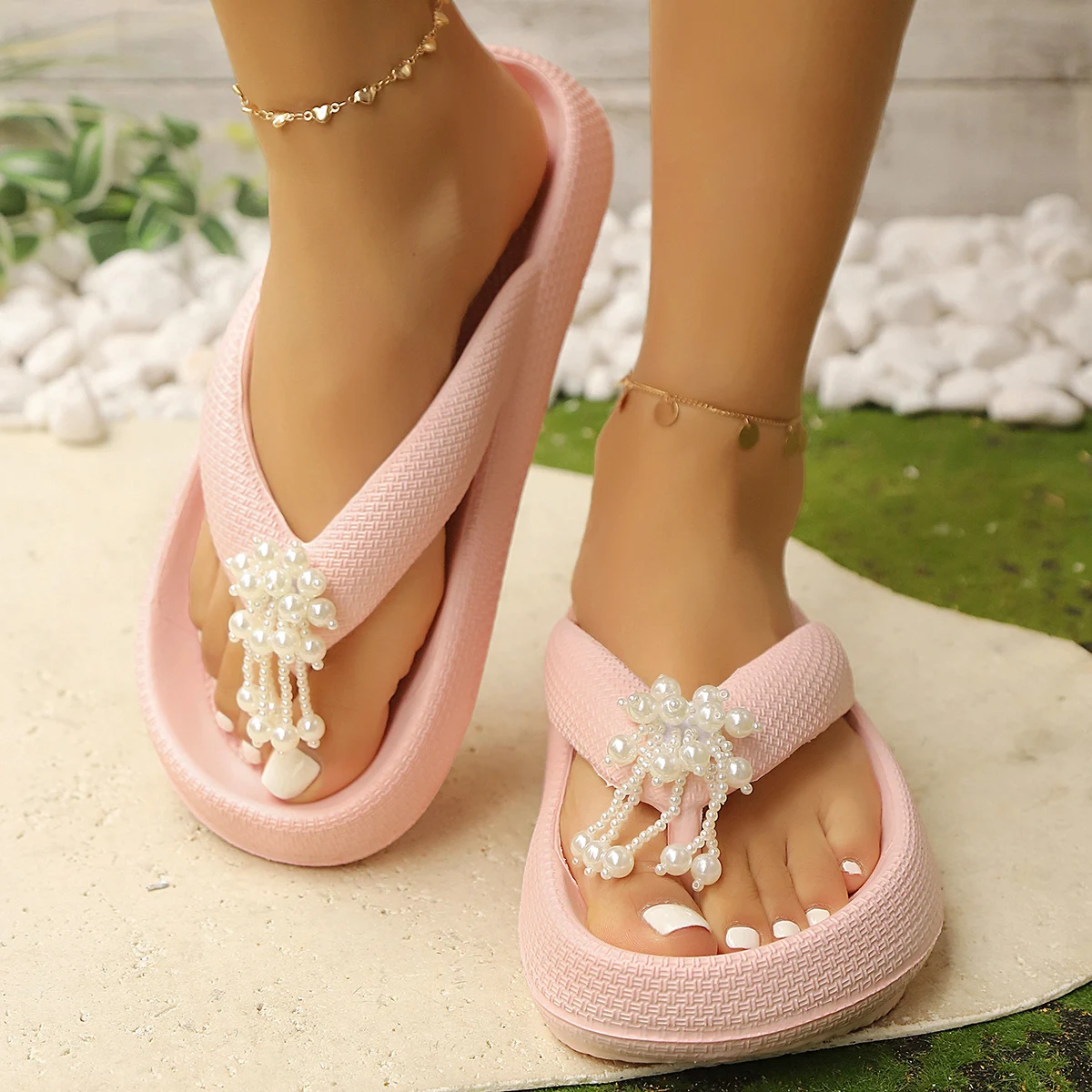

Elegant White Pearl Tassel Summer Women Flip-Flop Beach Walk Vacation Daily Outing Home Leisure Versatile Comfort Flat Sandal
