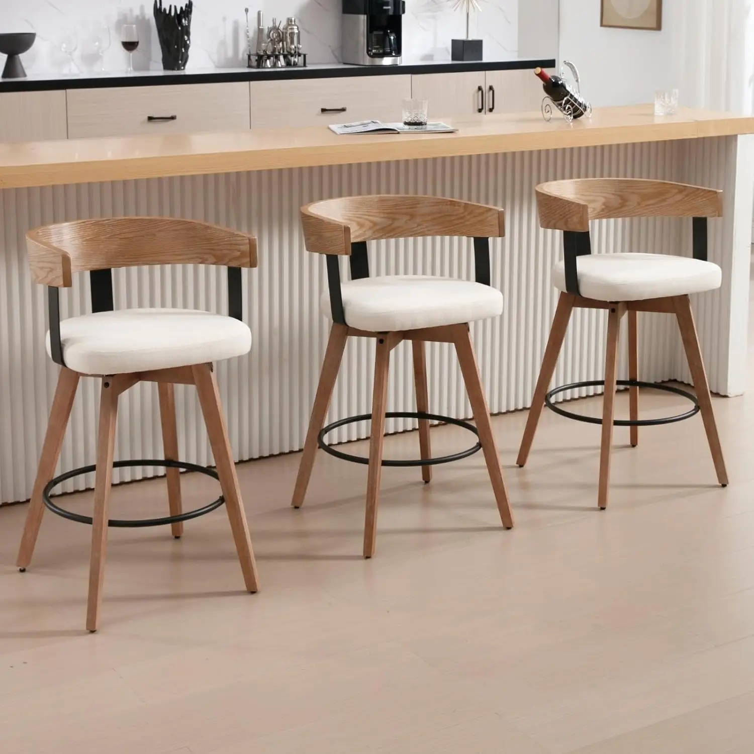 

DUOMAY Swivel Bar Stools Set of 3-26" Counter Height Bar Stool with Footrest - Modern Wood Barstools with Linen Upholstered Seat