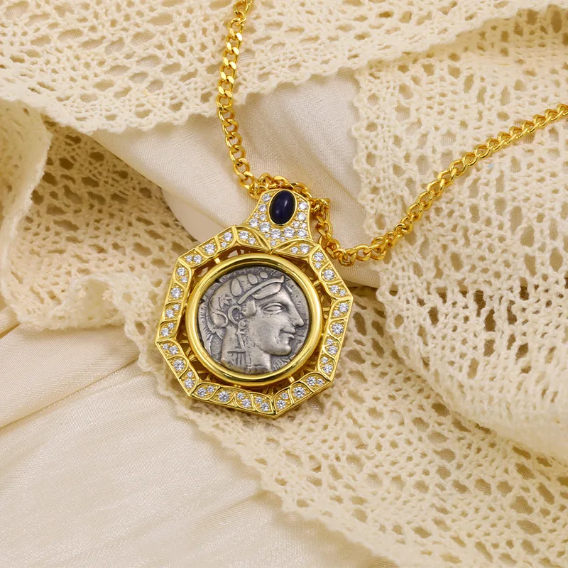 

Hot Selling Retro Athena Necklace for Women - 925 Sterling Silver Ancient Coin Portrait Pendant & Sweater Chain