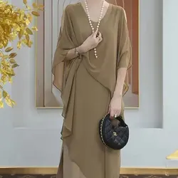 Stylish Elegant Asymmetrical Dresses Summer Half Sleeve Ruffles Female Basic Patchwork Solid Color Loose Off Shoulder Long Dress