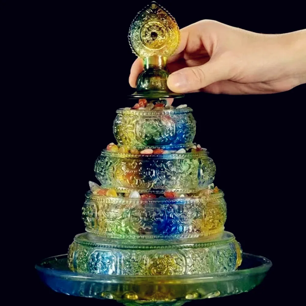 32.5cm Buddhist Guardian Manza Plate,Included Gems Tibetan Exquisite Resin 4 Layer Tantric Altars Holy Tray,Buddhist Ornaments - Image 3