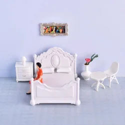 1:20 scale Dollhouse Bedroom Furniture Set Doll Bed Bedside Table Chair Cabinet Model Vase Miniatures for Doll House Accessories