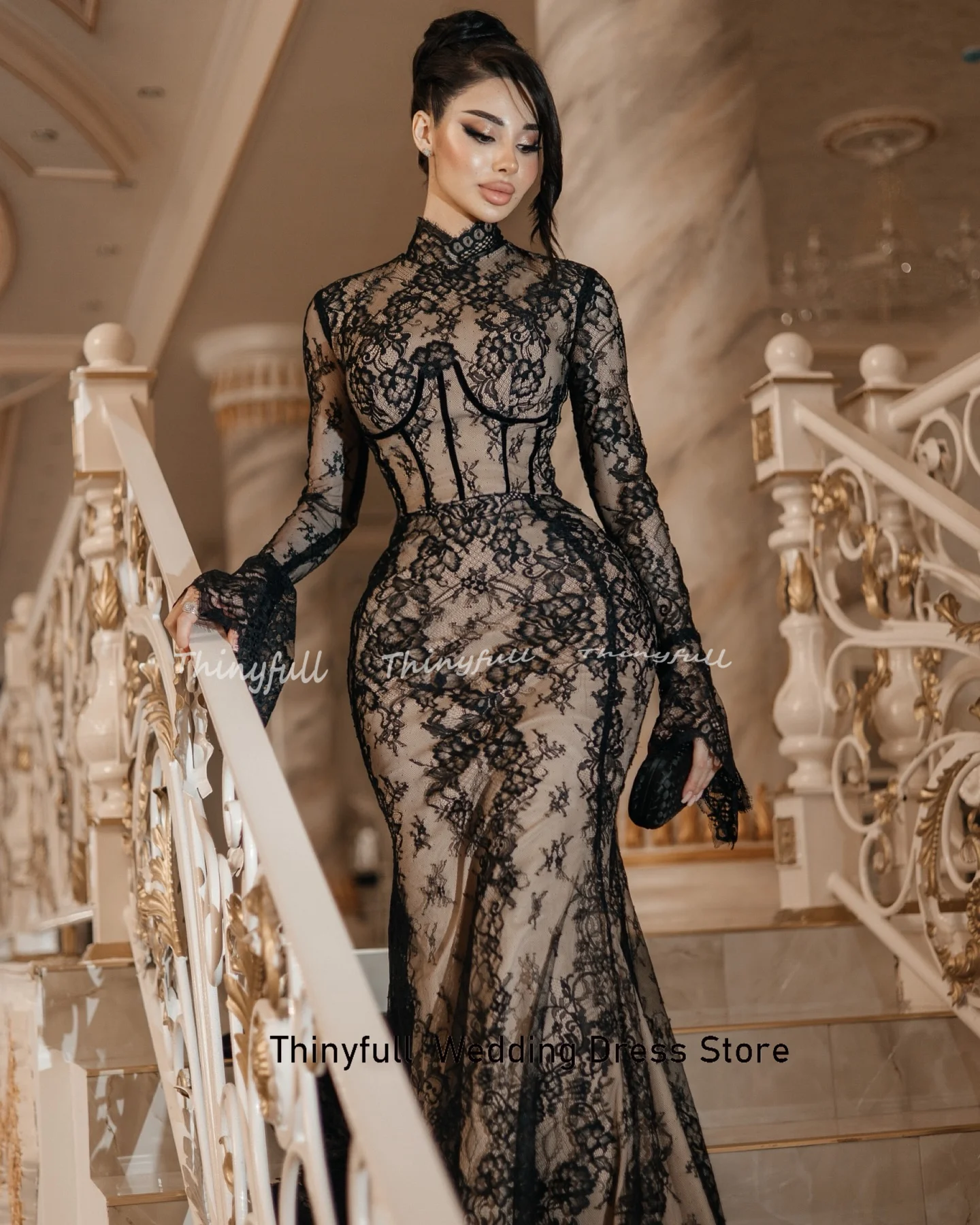 Thinyfull Mermaid Lace Arab Prom Dresses O-neck Full Sleeves Evening Gown  2025 Long Special Dress Robe De Soirée Customized