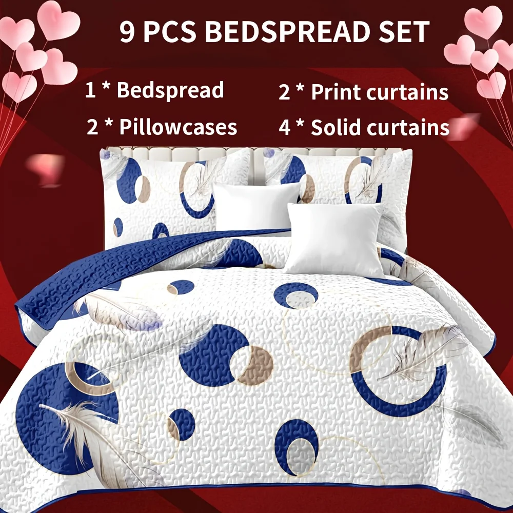 

9pcs Bedding Set, Including:1 Bedsheet, 2 Pillowcases, 2 Printed Curtains, And 4 Solid Color Curtains, Queen/King/Cal King Size,