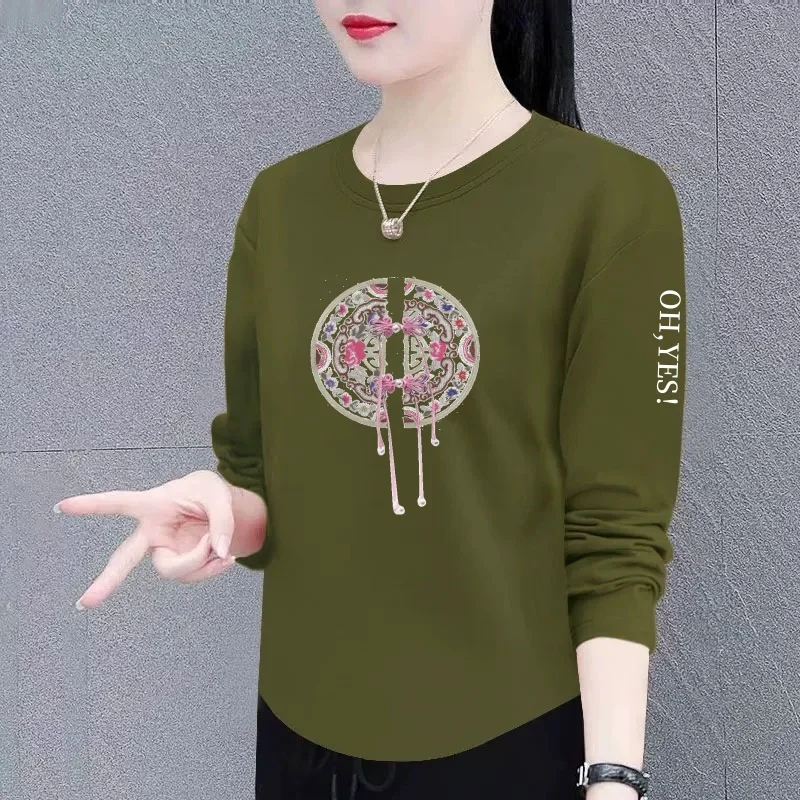 Long Sleeve T-Shirt Women's Base Shirt Inner Wear Top for Middle-Aged And Elderly Polyester Fiber round Neck Commute Style